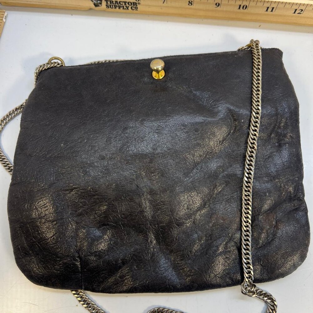 Women's Vintage Black Leather Handbag Chain Strap Clutch with Gold Emblem - Picture 3 of 4